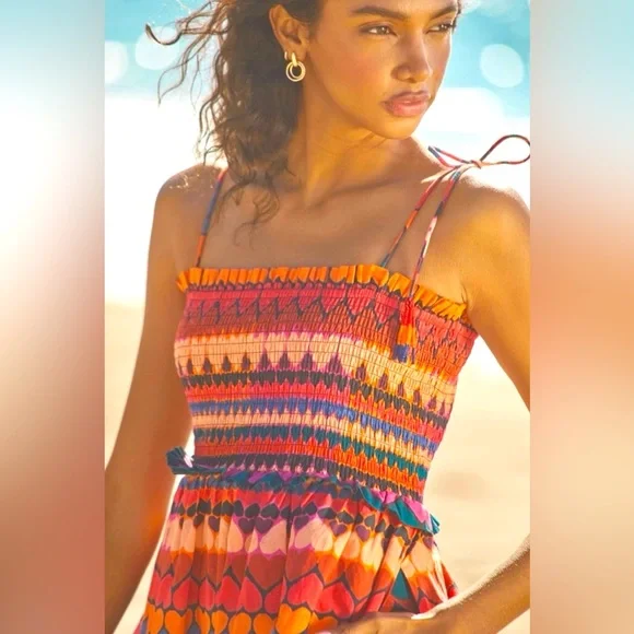 NWOT ~ Farm Rio & Anthropology Smocked, Tassled Straps, Beach Dress Cover Up. - Picture 3 of 5